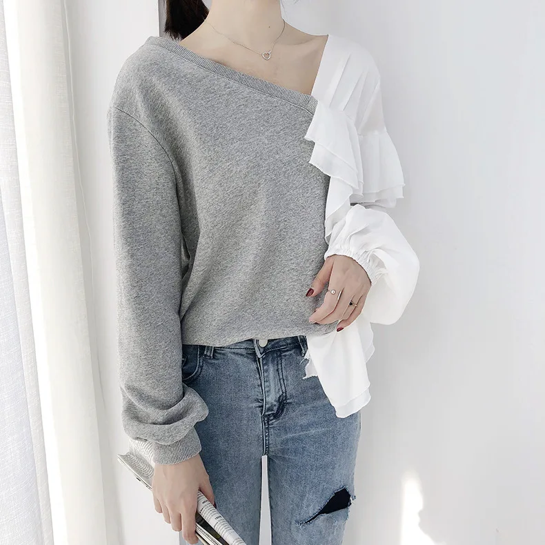 

2019 Autumn New Women's Hoody Irregular Sweatshirts Wild Casual Fashion Ladies Sweatshirts V-neck Cotton Fashion Women Tops