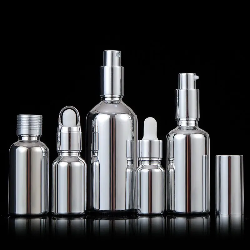 10pcs 10-100ml Electroplating Silver Glass Essential Oil Bottles Cosmetic Serum Lotion Pump Atomizer Spray Bottle Dropper Bottle