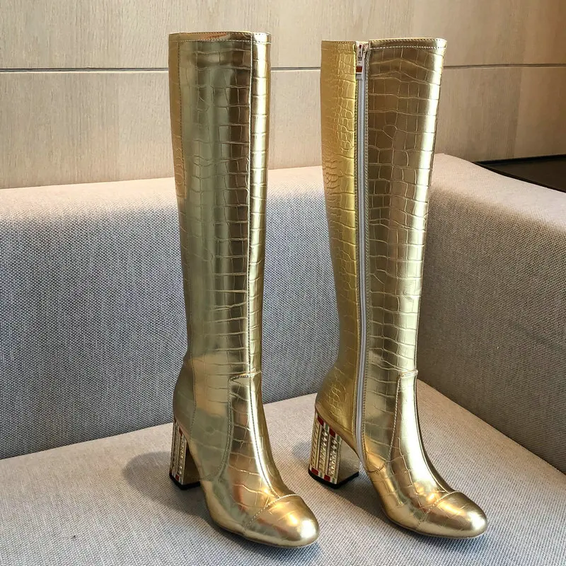 Women Boots Fashion Zipper Boots Women Square High Heel Knee High Boots Ladies Round Toe Autumn Winter Shoes Women White Gold