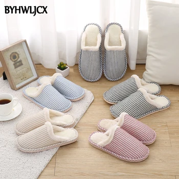 

Winter Ladies Slippers Women's Home Shoes Lovers Striped Indoor Floor Shoes Flats Plush Warm Slippers Large Size Cotton Shoes