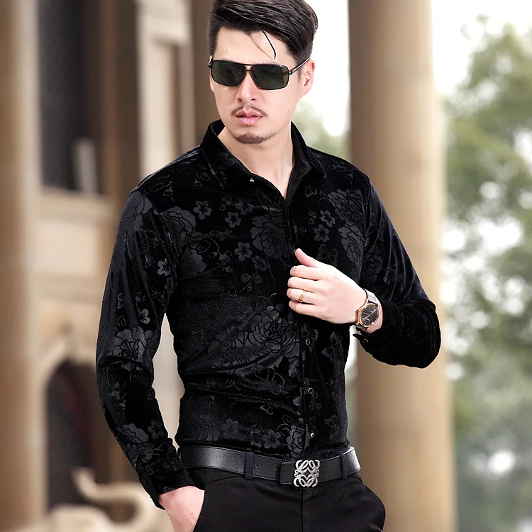 Хорошая Поп Мода бархат утолщение Slim Fit Мужские рубашки VogueLong рукав рубашки M-5XL