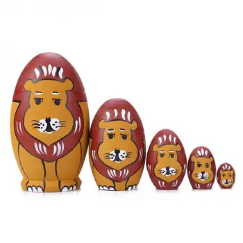 

5pcs Basswood Russian Matryoshka Dolls Lion Nesting Dolls Ornament Gifts