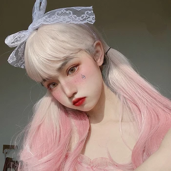 

MANWEICosplaysalon 60CM Lolita Makaron Color Pink Mixed Peach powder Ombre Long Curly Bangs Cute Synthetic Buns Cosplay Wig