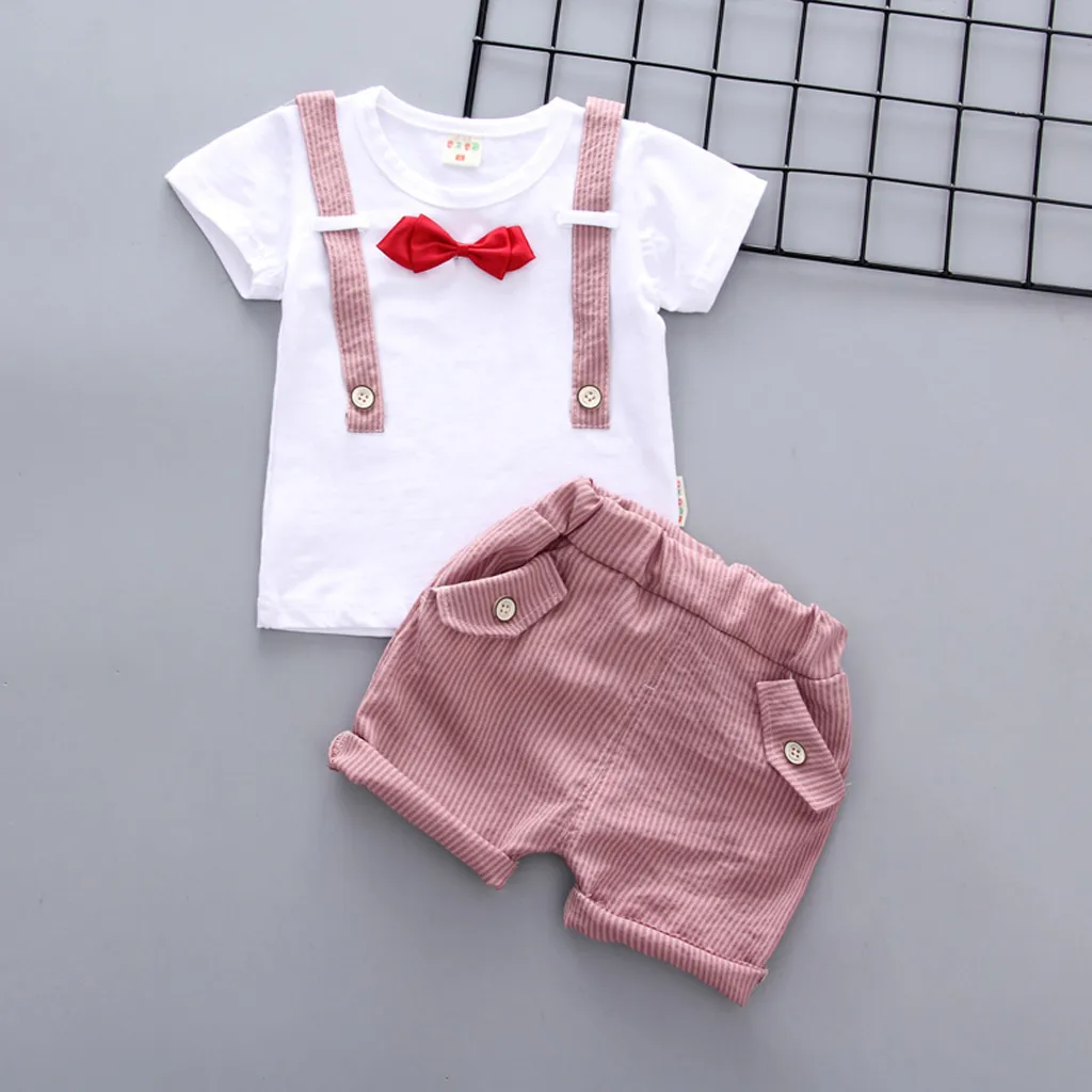 

(6M-4Y) Children's short-sleeved fake two-piece bow tie top T-shirt + striped pocket shorts two-piece suit gentleman bow S4