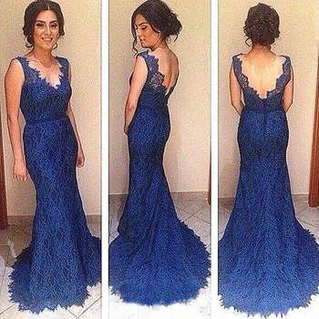 

Royal Blue Lace Mermaid Mother of the Bride Groom Dress Open Back V Neck Sleeveless Long Evening Wedding Party Formal Prom Gown