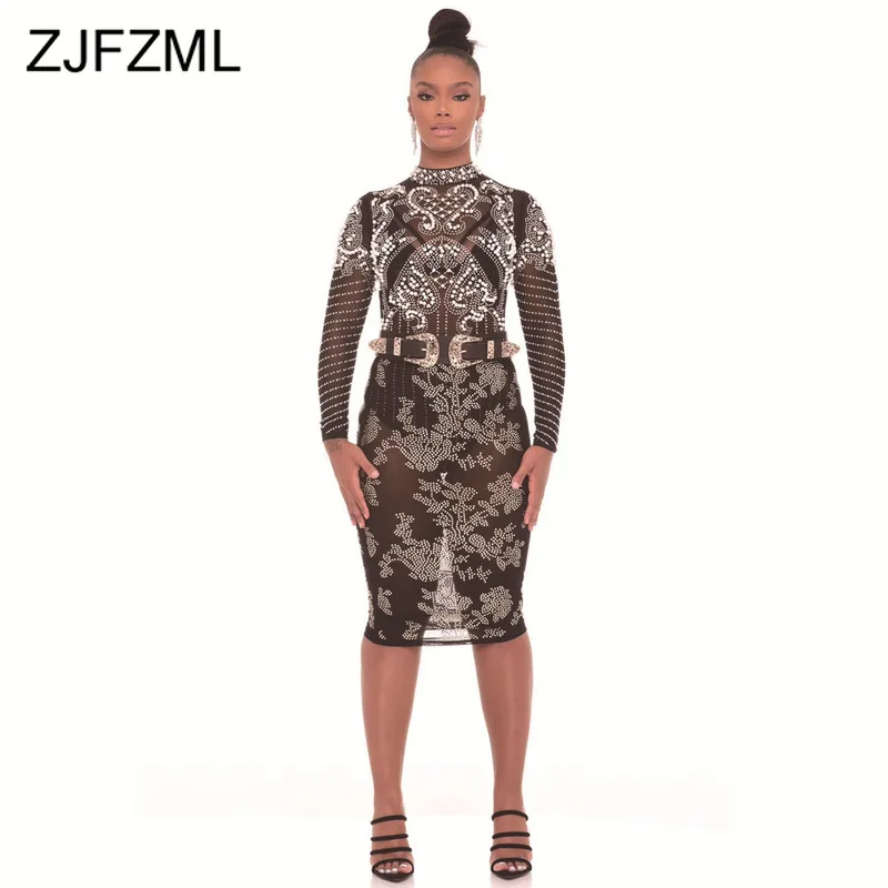 

Mesh Rhinestone Sexy Two Piece Set Women Beading Long Sleeve Bodycon Bodysuit and Bandage Midi Skirt Transparent Club Outfits