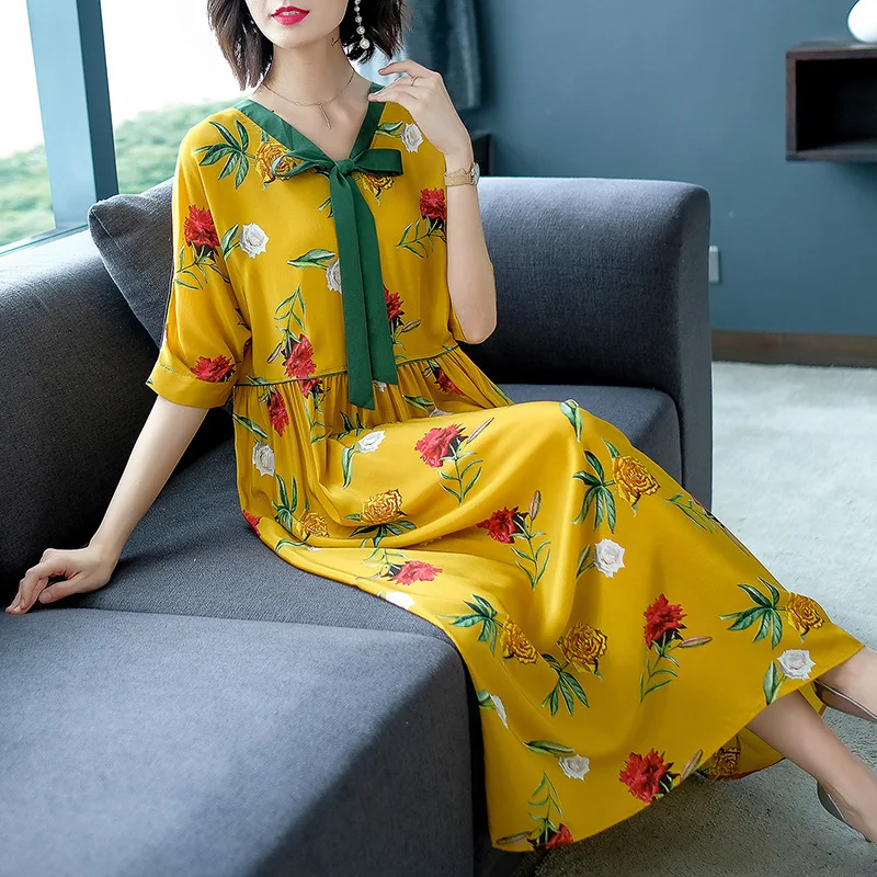

Silk Printing Dress Female Loose Big Code Covering Belly 2020 Mulberry Silk Popular Long Skirt
