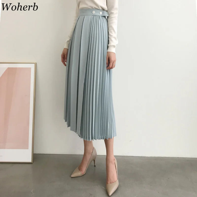 

Woherb 2020 Spring Summer Fashion New Pleated Skirts Womens Elegant High Waist All-match Female's Bottom Korean Modis Jupe