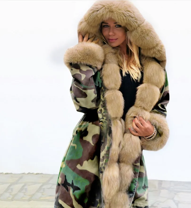 Brown green Новое зимнее женское тонкое теплое кружевное пальто с длинными рукавами, длинное пальто с капюшоном, камуфляжное плюшевое хлопковое пальто - Цвет: Brown green