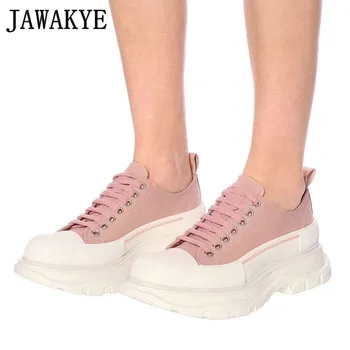 

New Thick Sole Pink Canvas Sneakers for women Ladies Designer Lace up Casual Flat Shoes Woman Spring Runway Platform Shoes