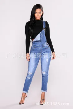 

European And American-Style South America Net Red Hot WOMEN'S Pants with Holes Cowboy Suspender Pants Women's