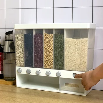 

1pc 10 KG Wall Mounted Divided Rice Cereal Dispenser 6 Moisture Proof Plastic Automatic Racks Sealed Food Storage Box Hot Sale