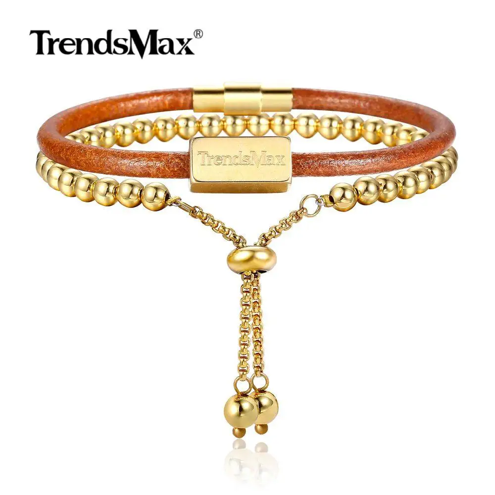 2 шт./компл. браслет для Для женщин золотые шорты для девочек с Нержавеющая сталь бисером из натуральной кожи коричневого цвета; регулируемая Женская Браслеты бисер для бисероплетения браслеты DLBF53 браслет золото
