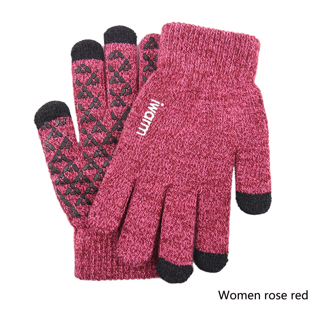 Women Rose red 1 пара, вязаные перчатки с сенсорным экраном, зима-осень, перчатки для мужчин и женщин, утолщенные теплые шерстяные плюшевые однотонные перчатки, деловые перчатки - Цвет: Women Rose red