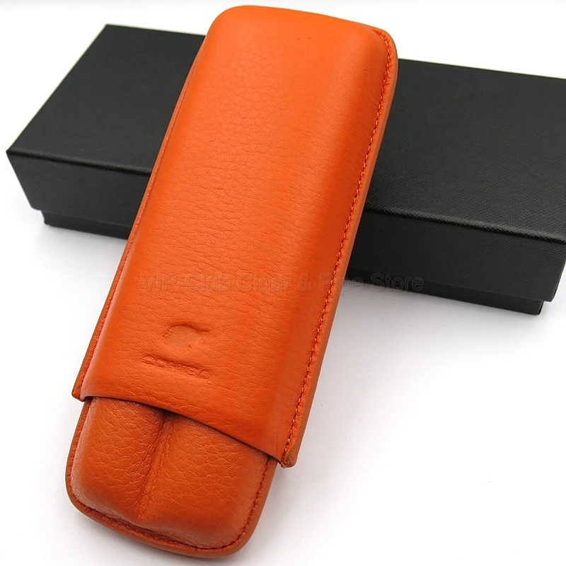 

COHIBA Genuine Snake Leather Orange Pattern Portable 2 Tube Cigars Holder Leather Cigar Cigarette Case Travel Humidor Gift Box