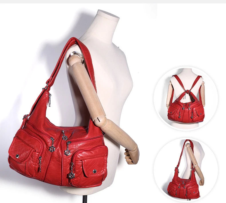 Angelkiss Женская мода высокое качество промытый из искусственной кожи мотоцикл большой сумки на плечо мульти карман леди стильная сумка через плечо