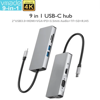 

USB C HUB Type-C to 9 in 1 USB 3.0 HUB 4K Image Network Port VGA 2 USB 3.0 Port Adapter Dock for MacBook Pro Huawei Mate 30