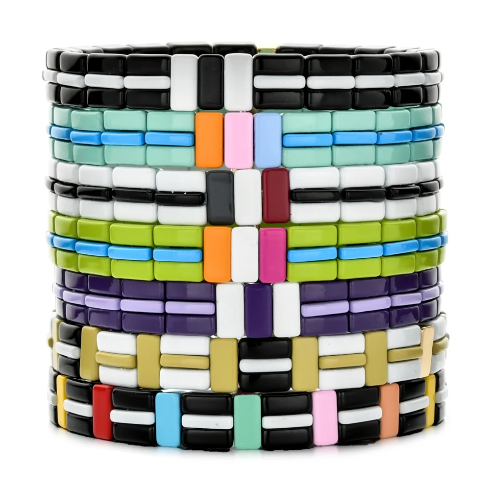New Design Stacked Charm Bracelet Women Enamel Tile Bracelets Stretch Jewelry Rainbow Bangles Bohemian Pulsera Mujer Moda | Украшения и