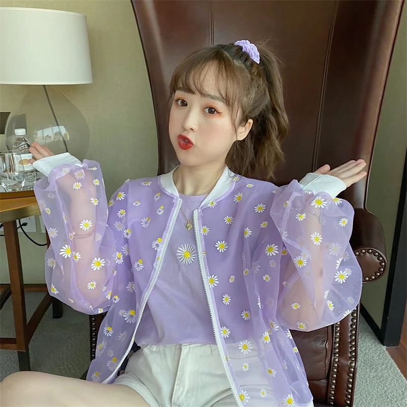 2020 New Korean Style Loose Flower Printed Thin Jacket Sunscreen Women Long Sleeve Casual Sunscreen Jacket Veste Femme