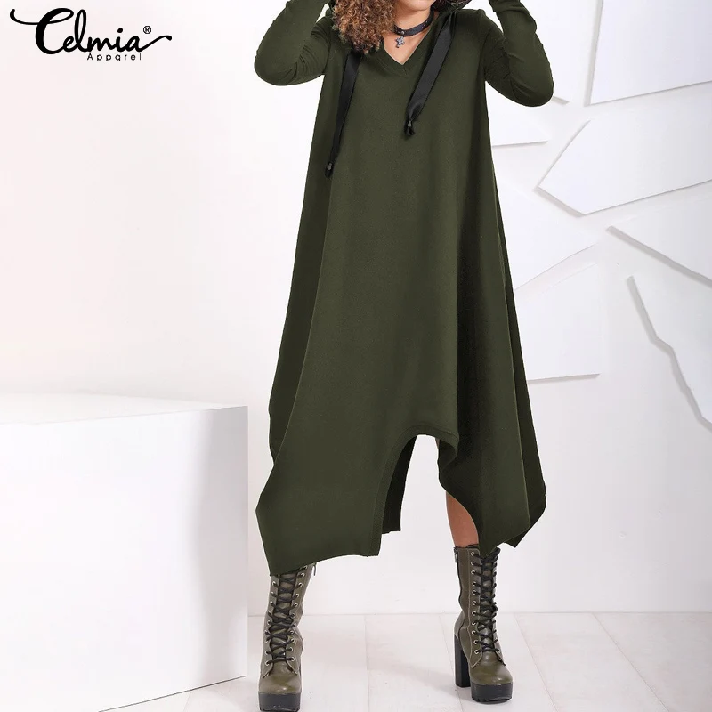Celmia зимнее платье для женщин 5XL Длинный свитшот с длинными рукавами капюшоном