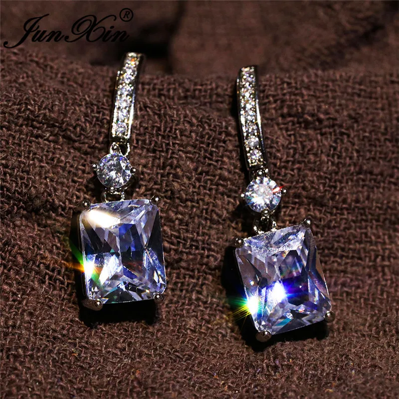 

Female White AAA Zircon Square Earrings For Women 925 Silver Color Austrian Crystal Stone Hoop Earring Accessory Christmas Gifts