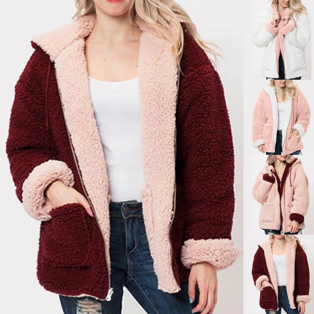 

feitong Women Fashion Solid Faux Fur Hooded Double-sided wear Plush Zipper Pocket Reversible Winter Coats Ladies Clothes new 820