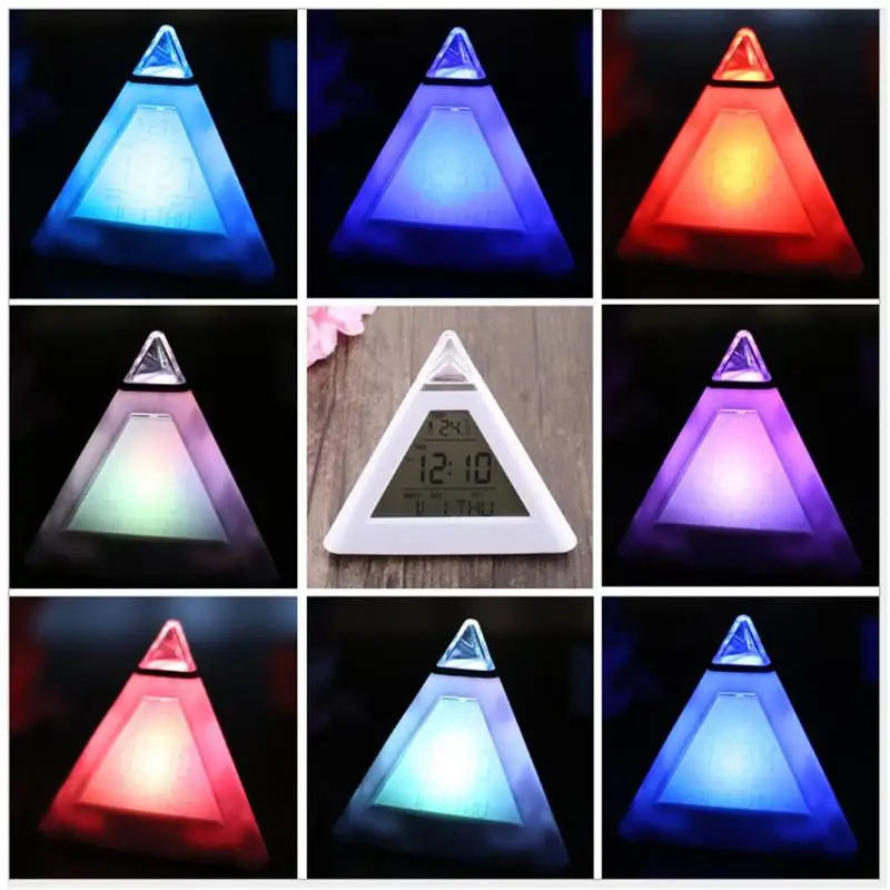 

Featured alarm clockTriangle 7 Colors LED Temperature Week Display Digital Alarm Clock Home Decor
