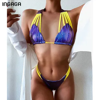 

INGAGA Snake Bikinis Swimsuits Cut Out Swimwear Women Thong Bathing Suits High Leg Beachwear Bandage Halter Biquini Swim Wear