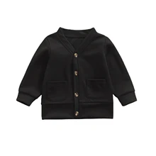 Cardigan d'automne à manches longues pour bébés garçons et filles, couleur unie, col en v, manteau décontracté avec poche, vêtements pour enfants 