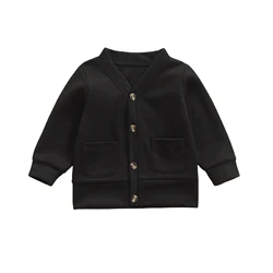 Pouco bebê meninos roupas da menina outono manga longa cardigan moda cor sólida com decote em v casaco casual com bolso roupas infantis
