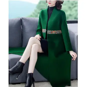 

Spring/autumn Woolen Coat Women Retro Embroidered Plus Size 3xl Green Woman's Wool Clothes Middle Aged Mother Loose Overcoat