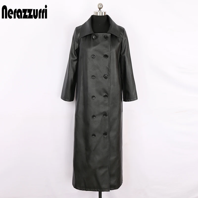 Nerazzurri Spring Long Black Leather Trench Coat for Women Double Breasted Fall Waterproof Faux Rain 2021 | Женская одежда
