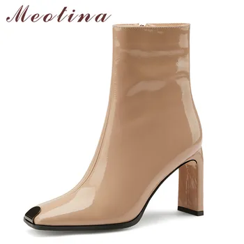 

Meotina Real Leather High Heel Short Boots Women Shoes Metal Decoration Square Toe Thick Heels Zip Ankle Boots Female Autumn 45