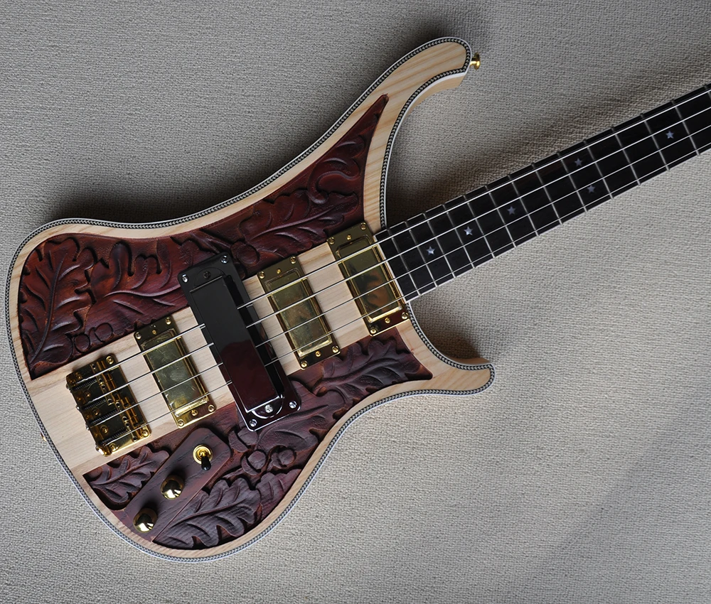 彫刻ボディ、ローズウッド指板を備えた4弦ネックスルーボディ