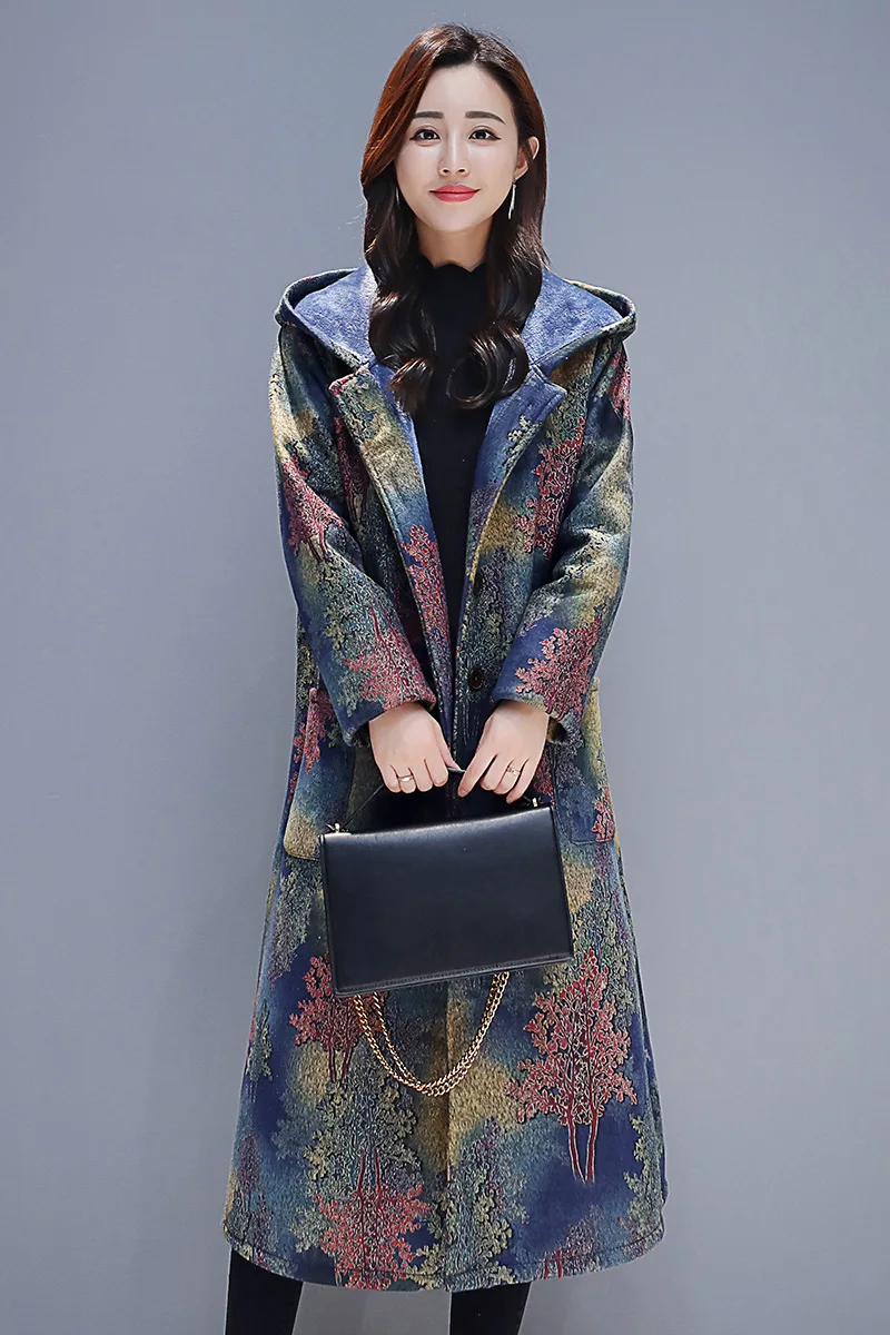 

2019 Winter New Style Large Size Dress National Wind Long Flannel Thick over-the-Knee Hooded Coat Women's