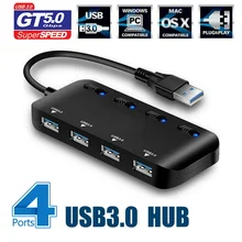 USB 3,0 концентратор сплиттер удлинитель 4 порта USB концентратор данных с индивидуальный переключатель светодиодный свет DC128