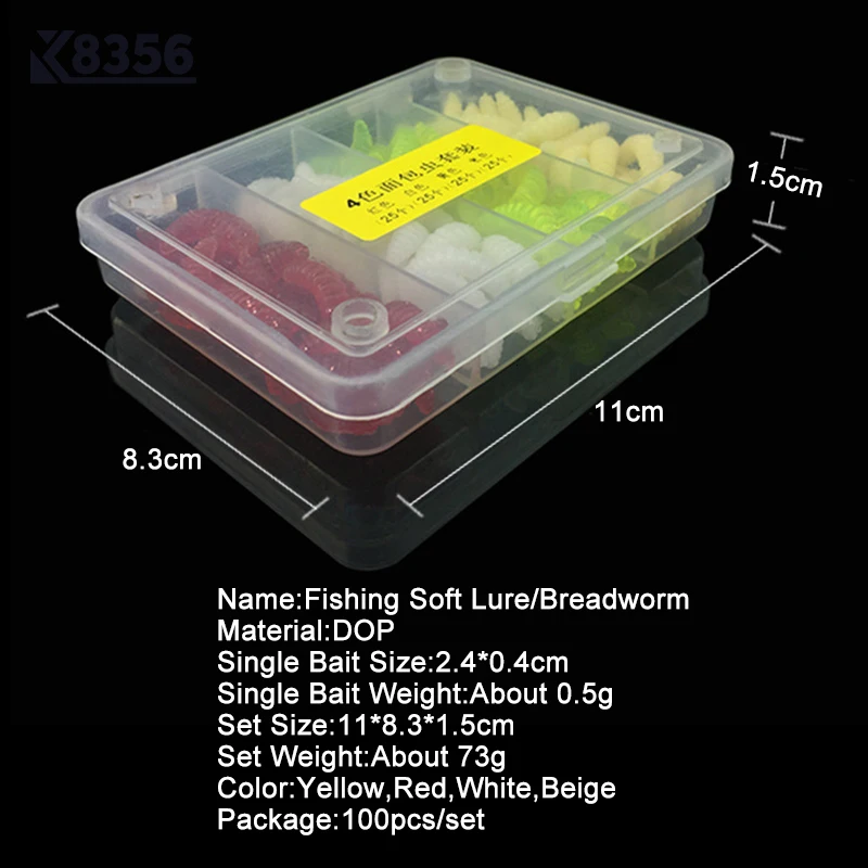 K8356 100 шт./компл. 73g ПВХ приманки для ловли рыбы, хлеба, Мягкая приманка в виде червя ложка снасти червяк личинка рыболовные снасти многоцветные