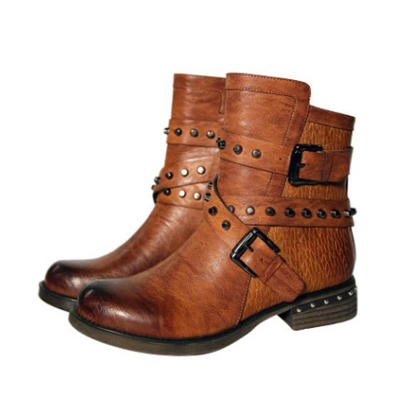 

Punk Faux Leather Boots Women High Top Autumn Winter Shoes Ladies Vintage Round Toe Motorcycle Black PU Fashion Heels Boots 2019