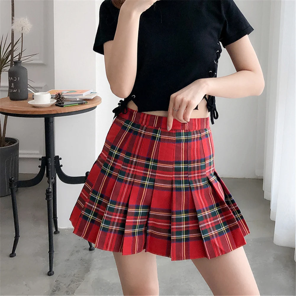 

Womens Plaid Skirt High Waist Sports Tennis Skirts Spring Autumn Sexy Ladies Mini Skirts with Button