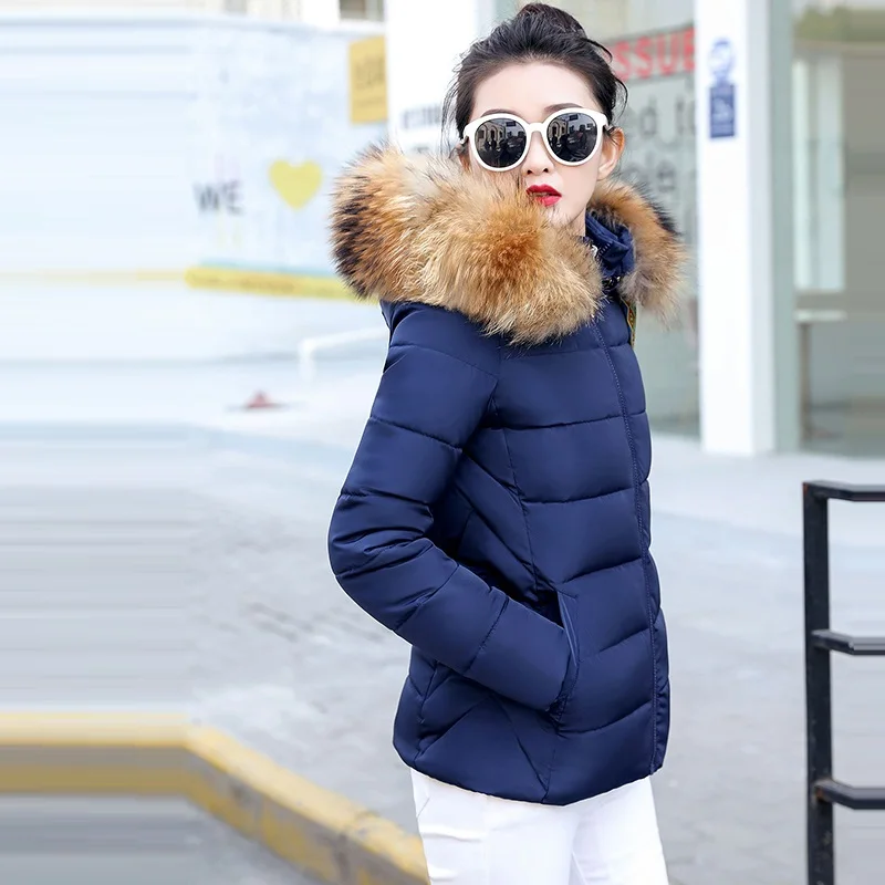 Navy blue Женская теплая зимняя куртка модное женское зимнее пальто с капюшоном воротник из искусственного меха пуховое хлопковое пальто большой размер 5XL Женское пальто - Цвет: Navy blue