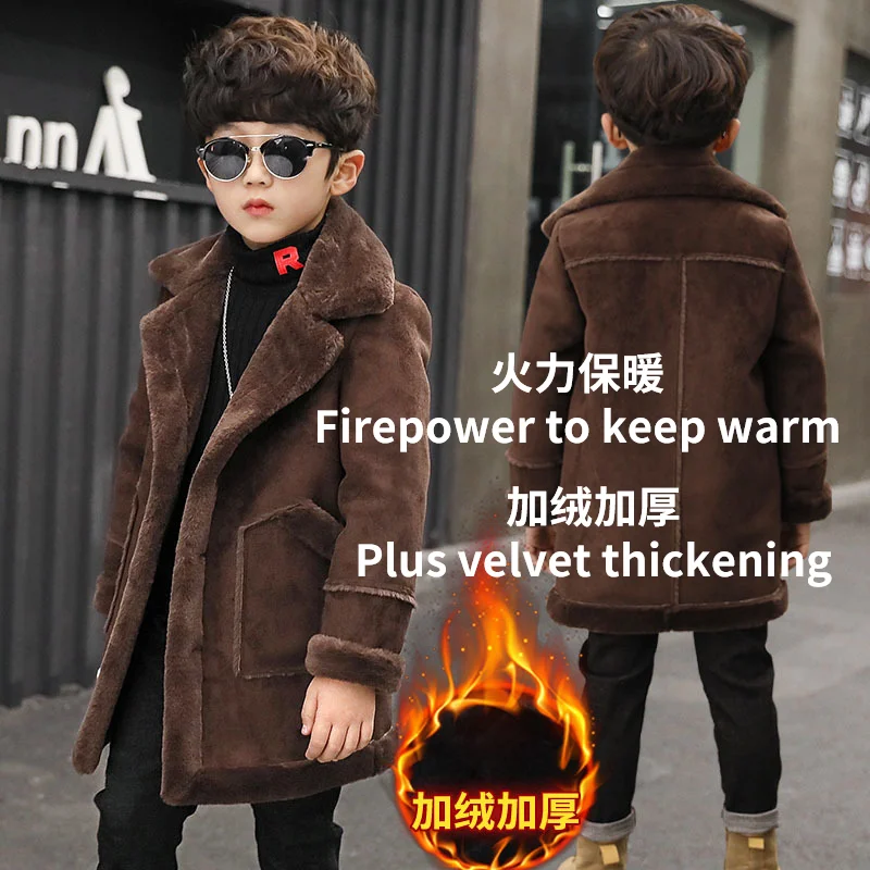 New 3-14 year old boys winter plush warm woolen coat, fashionable plaid high-quality children's woolen coat, boys casual jacket