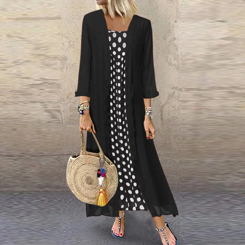Lipswag 5XL Women Autumn Two Piece Set Long Sleeve Party Dress Casual O Neck Polka Dot Sundress Elegant Plus Size Female Dresses