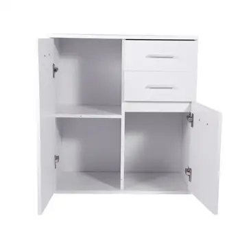

White Wooden Floor Standing Storage Cabinet Cupboard with 2 Drawers and 2 Doors Cabinet Hinge Light Wardrobe 73.5x66x33cm