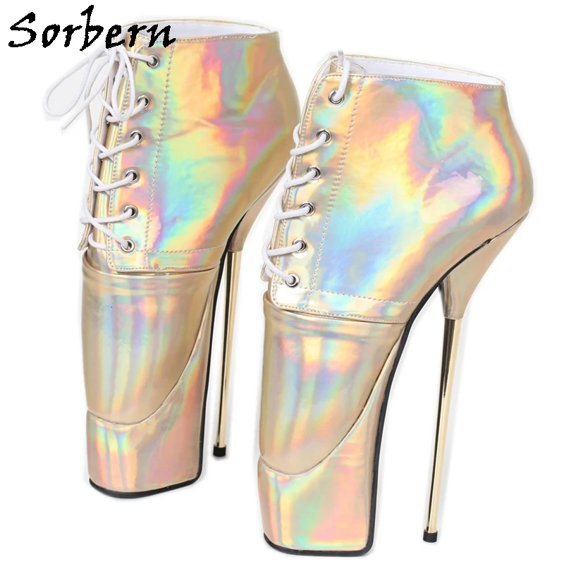 

Sorbern Champagne Holo Ballet Boots Women Ankle High 22Cm Metal High Heel Thick Platform Shoes Lace Up Short Booties Custom