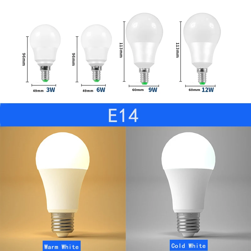 LED 전구 램프, AC220V, 20W, 18W, 15W, 12W, 9, 6, 3, E14, E27, 가정용 스포트라이트 조명, 차가운, 따뜻한 화이트 램프, 24 개/묶음