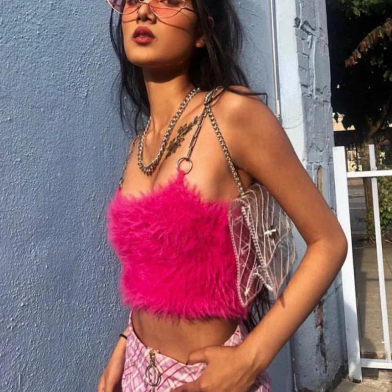 

2021 European and American spring and summer blogger plush chain shoulder strap sexy rose red sling vest female wear