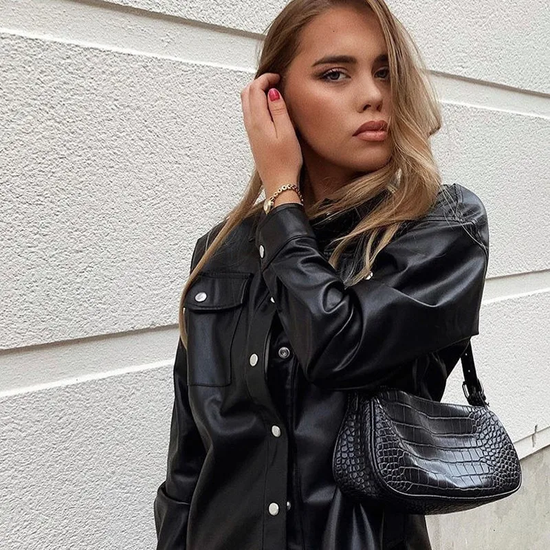 JIEZuoFang  Punk Style Women Autumn Leather Jacket Turn-down Collar Streetwear Cool Jackets Ladies Pocket Oversized Pop Jackets