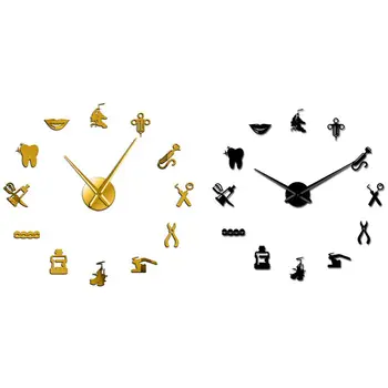 

2pcs Diy Giant Wall Clock Oversized Wall Clock Big Needle Mirror Dentist Office Decor - black & Gold