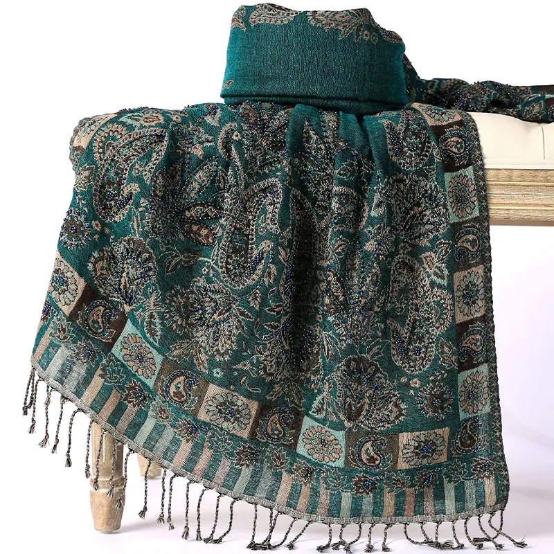 

Women Cashmere Blend Scarves Ultra Long Handmade Embroidery Beads Cachecol Feminino Tassels Imitation Cashmere Muslim Hijab