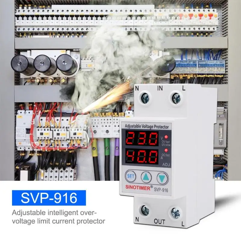 SVP-916 AC светодиодный экономично Регулируемая Защита от скачков напряжения реле предельная защита тока din-рейка стабилизатор напряжения